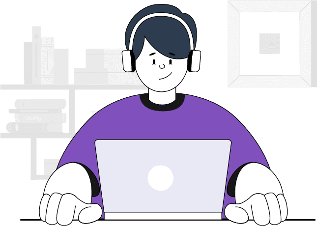 Support agent with headphones working on a laptop