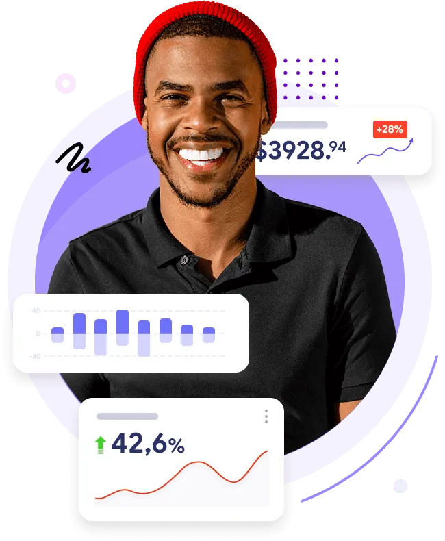 Smiling man with analytics charts showing growth