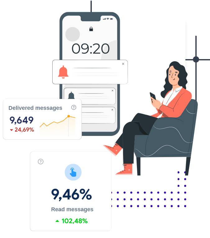 Woman in an armchair receiving WhatsApp notifications sent by the Spellty Messaging API