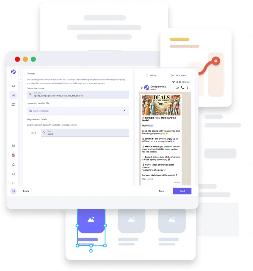 Spellty Campaigns interface with a WhatsApp campaign preview