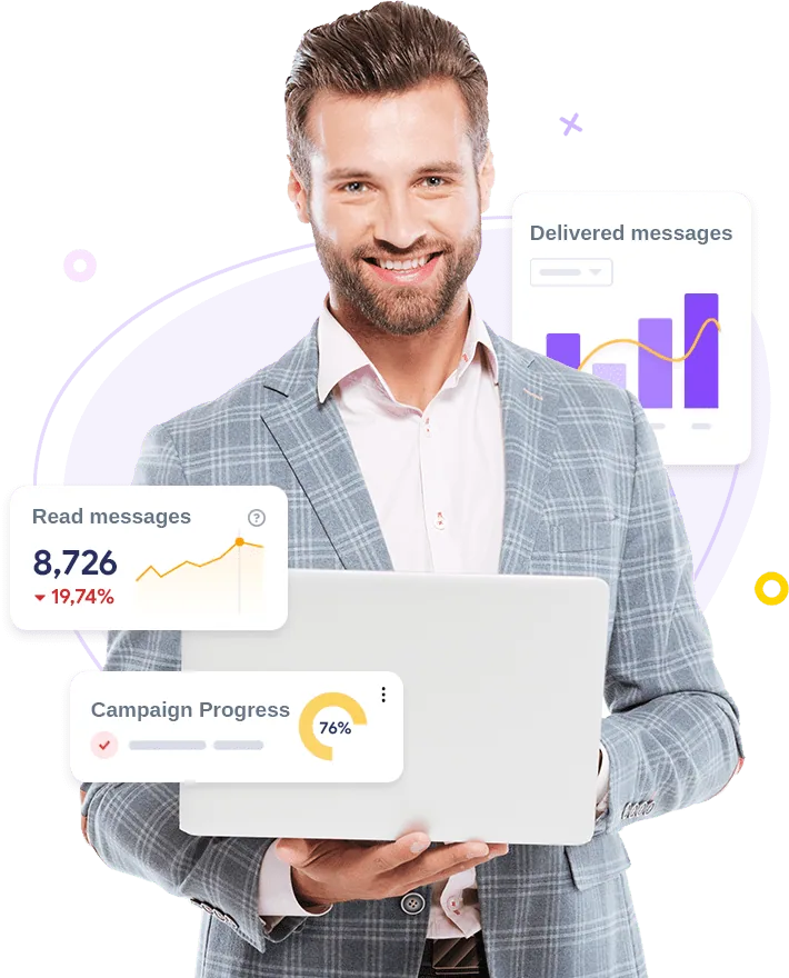 Man holding a laptop that shows campaign progress and delivered messages