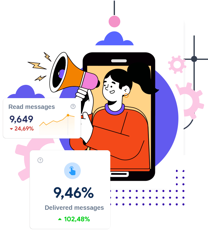 Megaphone illustration with delivered messages statistics for Spellty Campaigns